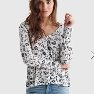 Lucky Brand Top NWT V-Neck Soft Woven long Sleeve Floral Half Button Up XL